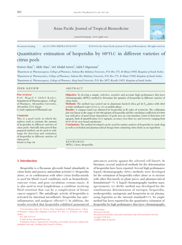 Quantitative Estimation of Hesperidin by HPTLC in Different Varieties of Citrus Peels