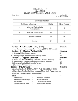 ODIA(Code :113) SYLLABUS CLASS- XI (APRIL-2020- MARCH-2021) Time: 3 Hrs Marks : 80 No of Periods:190