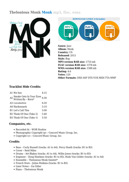 Thelonious Monk Monk Mp3, Flac, Wma