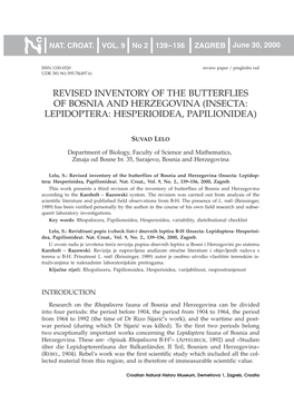 Revised Inventory of the Butterflies of Bosnia and Herzegovina (Insecta: Lepidoptera: Hesperioidea, Papilionidea)