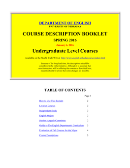 COURSE DESCRIPTION BOOKLET Undergraduate Level Courses