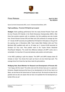 Press Release April 19, 2014 No