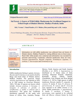 Sal Forest: a Source of Wild Edible Mushrooms for Livelihood Support to Tribal People of Dindori District, Madhya Pradesh, India