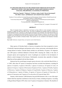 An Updated Checklist of the Mosquitoes from South Sumatra Province with a New Record of Aedes (Downsiomyia) Pexus Colless, 1958 (Diptera: Culicidae) in Indonesia