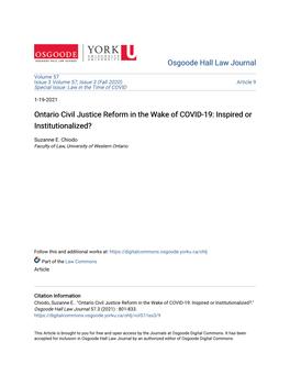 Ontario Civil Justice Reform in the Wake of COVID-19: Inspired Or Institutionalized?