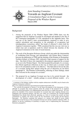 Joint Standing Committee Towards an Anglican Covenant a Consultation Paper on the Covenant Proposal of the Windsor Report March 2006