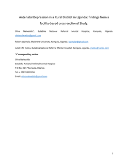 Antenatal Depression in a Rural District in Uganda: Findings from a Facility-Based Cross-Sectional Study