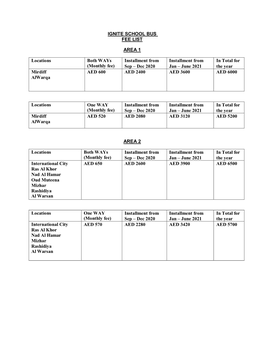 Ignite School Bus Fee List Area 1