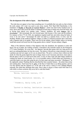 1 the Development of the Toilet in Japan. Alan Macfarlane the Toilet Does Not Appear to Have Been Something New. It Is Proba