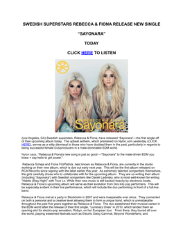 Swedish Superstars Rebecca & Fiona Release New Single 'Sayonara'