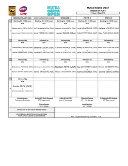 Mutua Madrid Open ORDER of PLAY Friday, 3 May 2013