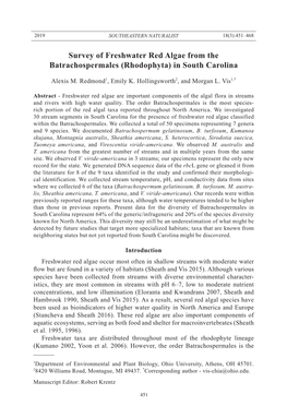 Survey of Freshwater Red Algae from the Batrachospermales (Rhodophyta) in South Carolina