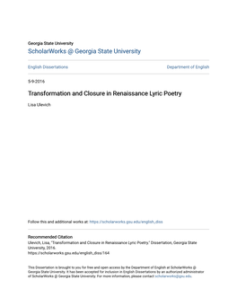 Transformation and Closure in Renaissance Lyric Poetry