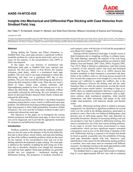 Insights Into Mechanical and Differential Pipe Sticking with Case Histories from Sindbad Field, Iraq