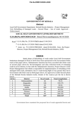 G.O.(Rt)No.1835/2020/LSGD Dated,Thiruvananthapuram, 06/10/2020