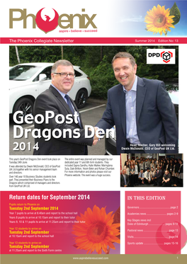 Geopost Dragons Den Head Teacher, Gary Hill Welcoming 2014 Dwain Mcdonald, CEO of Geopost UK Ltd