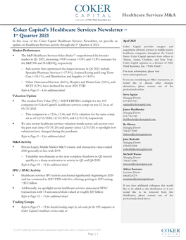 Coker Capital's Healthcare Services Newsletter – 1St Quarter 2021