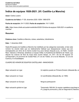 Índice De Equipos 1928-2021. (VI: Castilla–La Mancha)