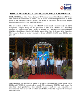 Commencement of Metro Production by Beml for Mumbai Metro