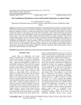 The Classification, Distribution, Control and Economic Importance of Aquatic Plants