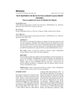 NEW REPORTS of RUST FUNGI (UREDINALES) from NIGERIA Nuevos Registros De Royas (Uredinales) De Nigeria