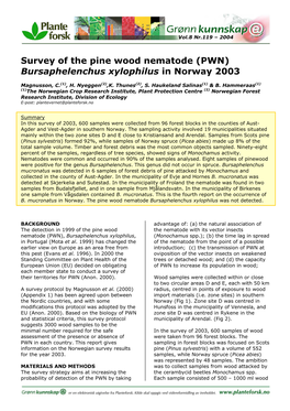 Survey of the Pine Wood Nematode (PWN) Bursaphelenchus Xylophilus in Norway 2003