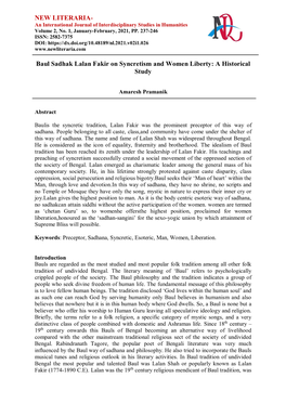 Baul Sadhak Lalan Fakir on Syncretism and Women Liberty: a Historical Study