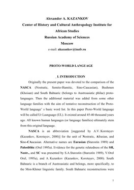 Аlexander А. KAZANKOV Center of History and Cultural Anthropology Institute for African Studies Russian Academy of Sciences Moscow E�Mail: Akazankov@Inafr.Ru