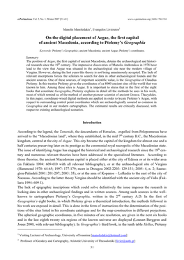 On the Digital Placement of Aegae, the First Capital of Ancient Macedonia, According to Ptolemy’S Geographia