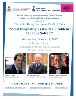 “Social Inequality: Is It a Real Problem? Can It Be Solved?” Wednesday, October 4, 2017 4:30 P.M