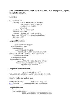 FAA INFORMATION EFFECTIVE 26 APRIL 2018-Everglades Airpark, Everglades City, FL Location Airport Operations Airport Communicatio