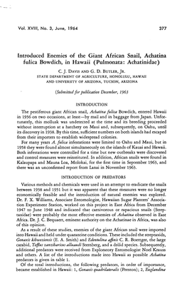 Introduced Enemies of the Giant African Snail, Achatina Fulica Bowdich, in Hawaii (Pulmonata: Achatinidae)