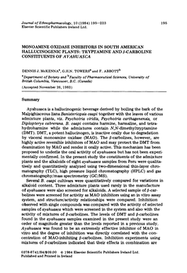 Monoamine Oxidase Inhibitors in South American Hallucinogenic Plants: Tryptamine and P-Carboline Constituents of a Yahuasca