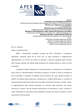 Spett.Le Presidenza Del Consiglio Dei Ministri All'attenzione Del Presidente Del Consiglio Pro Tempore, On. Silvio Berlusconi