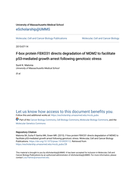 F-Box Protein FBXO31 Directs Degradation of MDM2 to Facilitate P53-Mediated Growth Arrest Following Genotoxic Stress