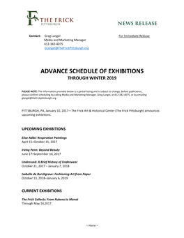 Advance Schedule of Exhibitions Through Winter 2019