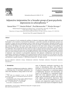 Adjunctive Imipramine for a Broader Group of Post-Psychotic Depressions in Schizophrenia K