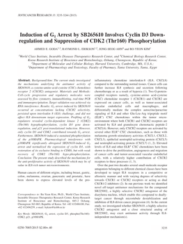 Induction of G1 Arrest by SB265610 Involves Cyclin D3 Down- Regulation and Suppression of CDK2 (Thr160) Phosphorylation