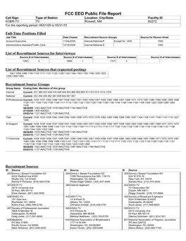 FCC EEO Public File Report Call Signtype of Station Location: City/State Facility ID KOBR-TV TV Roswell, NM 62272 for the Reporting Period: 06/01/09 to 05/31/10