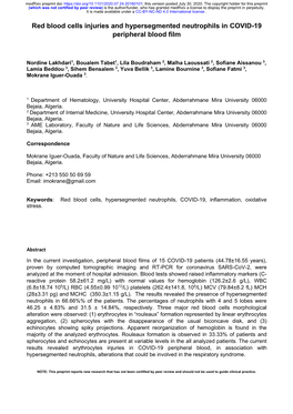 Red Blood Cells Injuries and Hypersegmented Neutrophils in COVID-19 Peripheral Blood Film