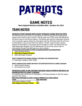 GAME NOTES New England Patriots at Buffalo Bills– October 30, 2016