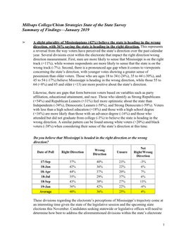 Millsaps College/Chism Strategies State of the State Survey Summary of Findings—January 2019