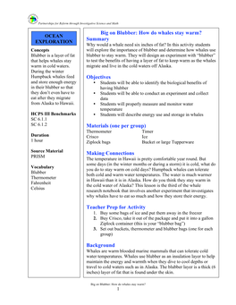 Big on Blubber: How Do Whales Stay Warm? Summary Objectives