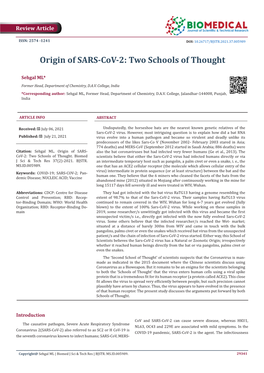 Origin of SARS-Cov-2: Two Schools of Thought