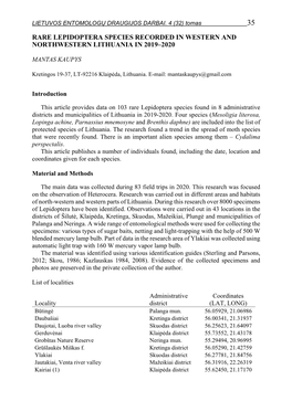 Rare Lepidoptera Species Recorded in Western and Northwestern Lithuania in 2019–2020