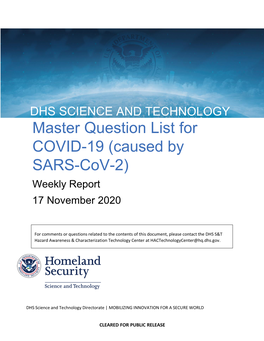 Master Question List for COVID-19 (Caused by SARS-Cov-2) Weekly Report 17 November 2020