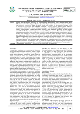 EFFICIENCY of GINGER, PEPPER FRUIT and ALLIGATOR PEPPER Supported by POWDERS in the CONTROL of COWPEA BRUCHID (Callosobruchus Maculatus) (FABRICIUS, 1775)