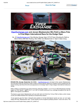 Viperexchange.Com and Jeroen Bleekemolen Win Petit Le Mans Pole in Final Major International Race for the Dodge Viper