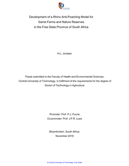 Development of a Rhino Anti-Poaching Model for Game Farms and Nature Reserves in the Free State Province of South Africa