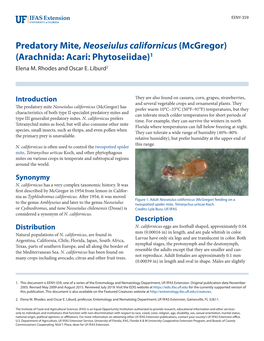 Predatory Mite, Neoseiulus Californicus (Mcgregor) (Arachnida: Acari: Phytoseiidae)1 Elena M